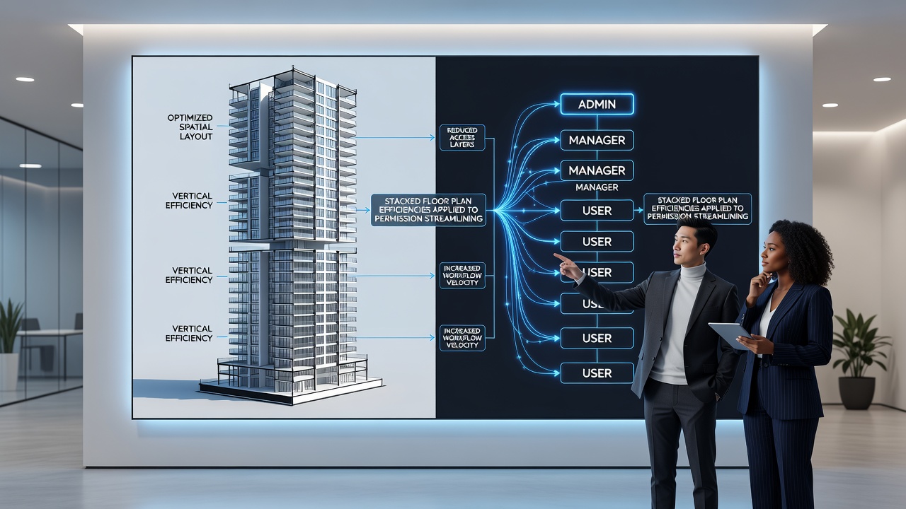 Applying stacked floor plan efficiencies from tall residential buildings to streamline multi-tiered permission hierarchies in collaborative software platforms