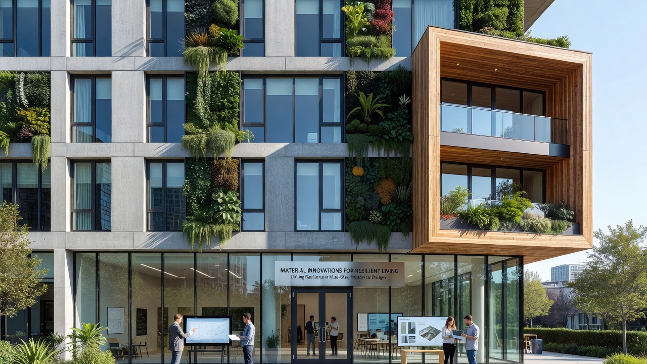 Close-up view of innovative building materials including self-healing concrete samples and fiber reinforcements used in residential construction