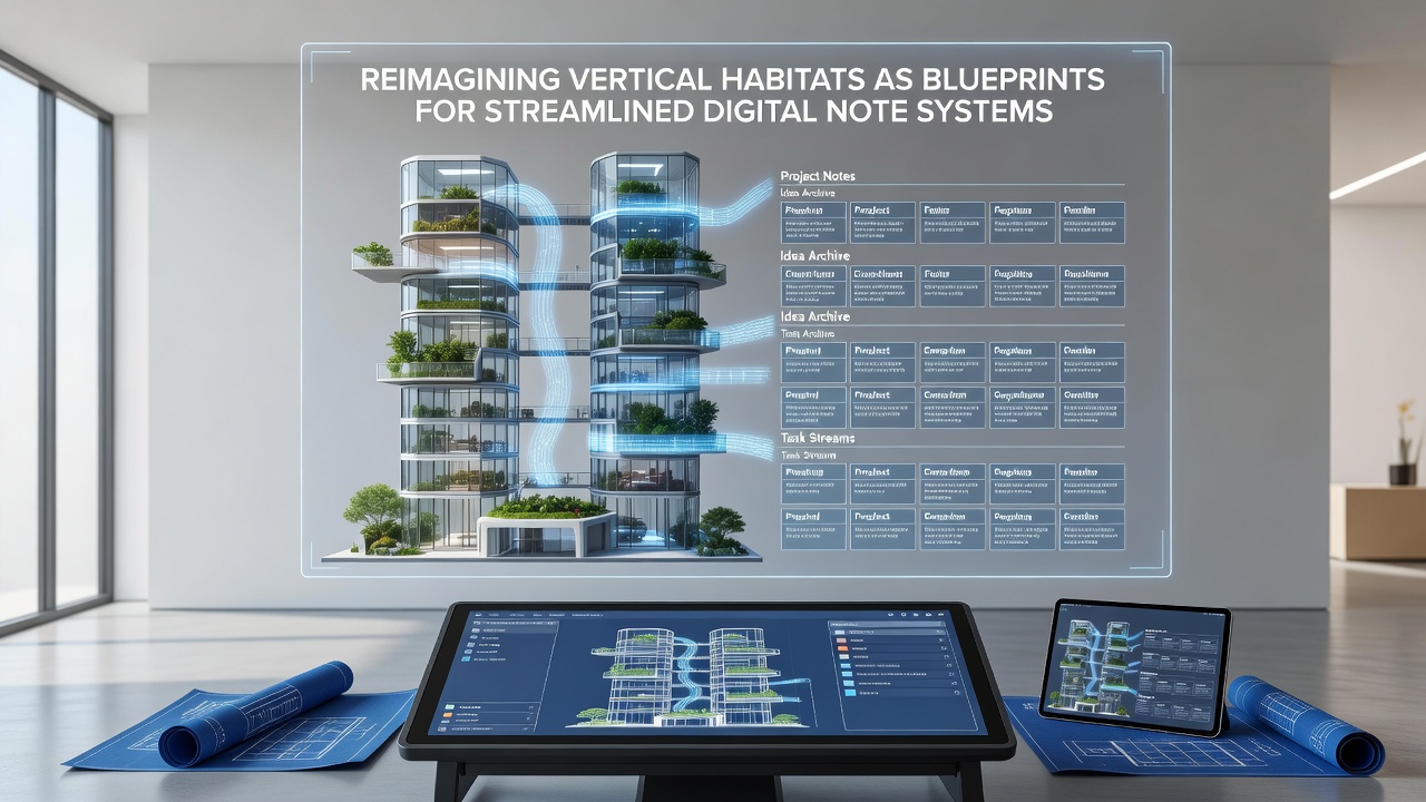 Close-up view of interconnected digital note layers resembling stacked habitat floors with visible linking pathways